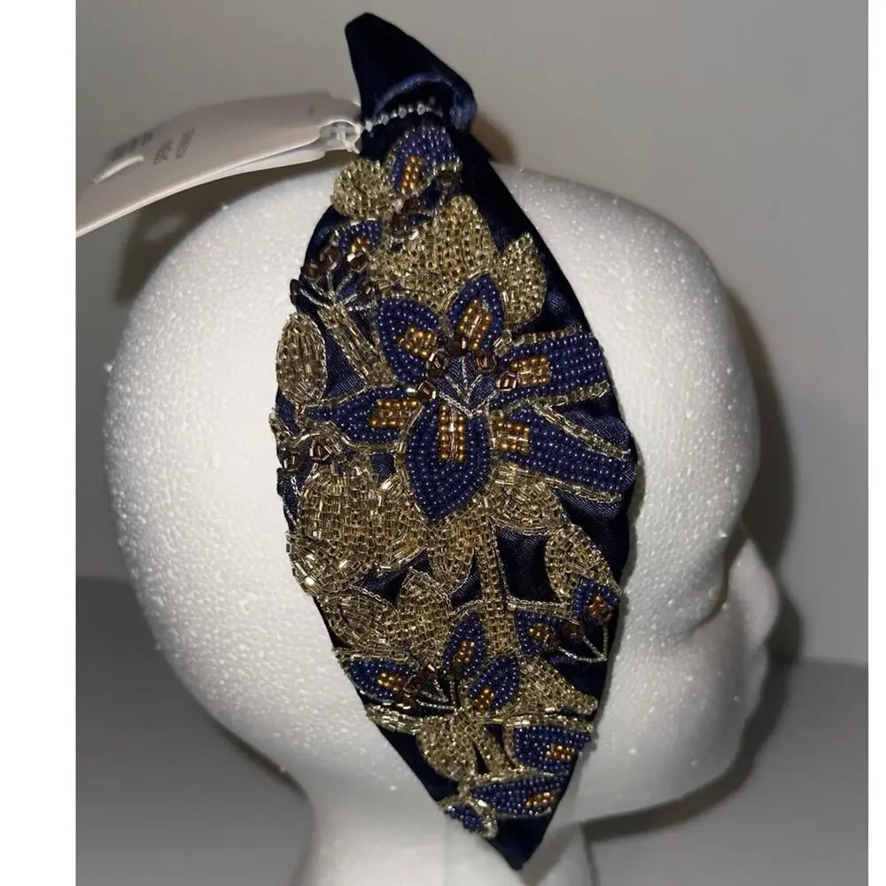 Embellished Beaded Floral Knot Headband – Navy Blue & Gold NWT